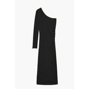 Rochie midi neagra - cu croiala pe un umar - maneca lunga si drapaj lateral subtil - Negru imagine