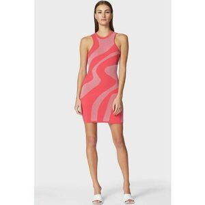 Rochie mini - fara maneci din jacquard dublu tricotat - cu imprimeu abstract - Coral imagine