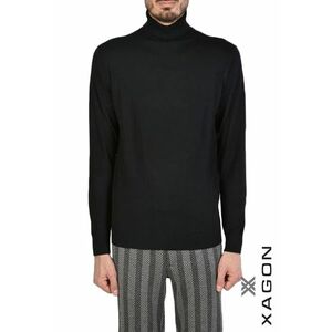 Pulover pe gat - cu guler reiat rulat cu bordura reiata la mansete - Negru imagine