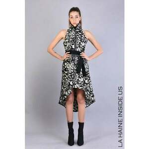 Rochie midi asimetrica fara maneci - cu imprimeu floral - Negru imagine