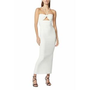 Rochie lunga din tesatura emblematica cu bustul decupat central si bretele subtiri - Alb imagine