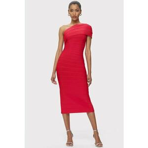 Rochie midi cu umarul gol si efect de sculptare a siluetei HL1 - Rosu imagine