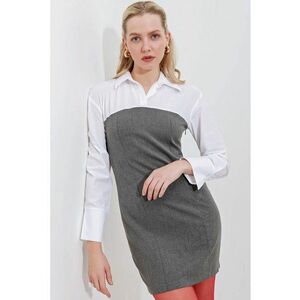 Rochie mini HiCCUP color block cu guler camasa si funda - gri - bumbac si poliester imagine