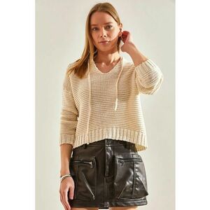 Hanorac dama - cu gluga - crop - acril - Bej Natural - imagine