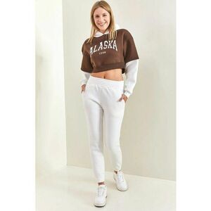 Set de trening pentru femei - hanorac scurt cu gluga si pantaloni skinny - maro - bumbac imagine