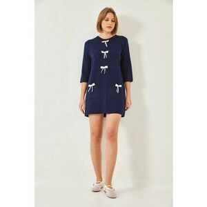 Rochie tricotata - texturata cu funda - albastra - tricot - imagine
