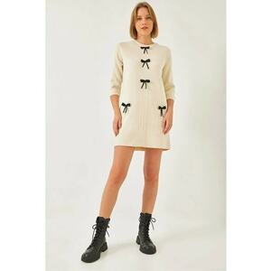 Rochie tricotata - texturata cu funda - bej - tricot - imagine