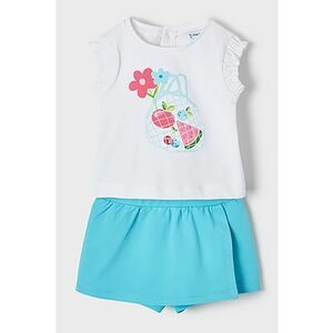 Set de fusta-pantaloni si tricou din amestec de bumbac - Alb/Albastru aquamarin/Roz aprins imagine