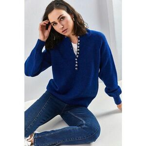 Pulover tricotat cu dungi - guler cu nasturi - material acrilic si poliester - Albastru marin - imagine