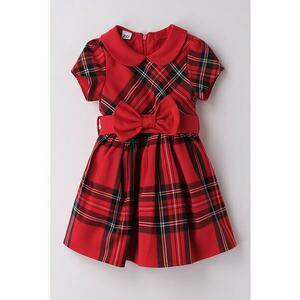 Rochie in carouri cu croiala in A si funda - Rosu imagine