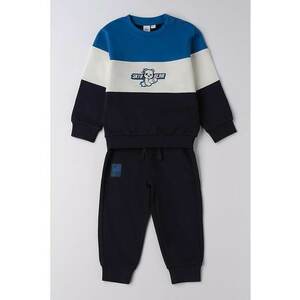 Set de bluza cu decolteu la baza gatului si pantaloni de trening - 2 piese - Alb/Bleumarin imagine