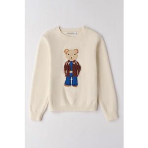 Pulover din amestec de bumbac cu decolteu la baza gatului - Alb fildes/Maro scortisoara/Albastru imagine