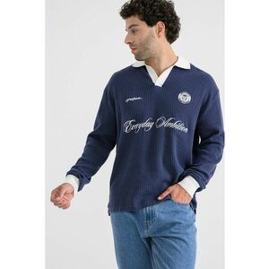 Bluza polo striata cu text brodat - Albastru indigo imagine