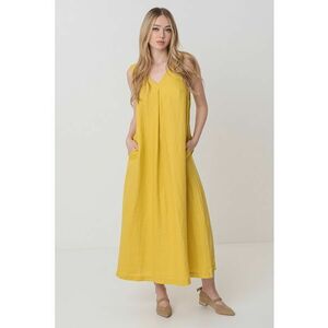 Rochie midi din in cu decolteu in V - Galben imagine