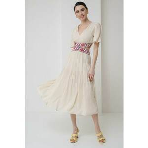 Rochie midi cu croiala evazata si decolteu in V - Verde/Alb fildes/Roz imagine