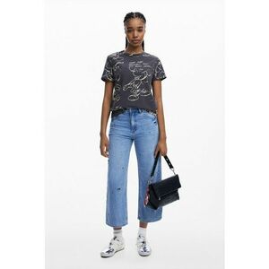 Tricou de bumbac cu model Mickey Mouse - Alb fildes/Gri inchis imagine