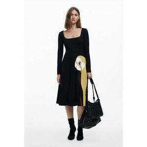 Rochie midi din amestec de bumbac cu decolteu patrat - Negru/Maro nisip imagine