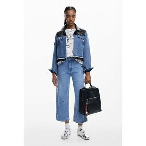 Jacheta din denim si piele ecologica - Rosu/Albastru pastel/Negru imagine