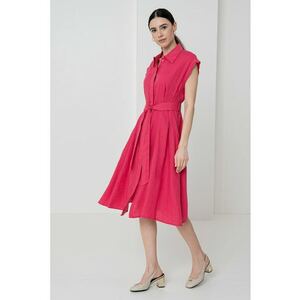 Rochie midi din in cu buzunare laterale - Fucsia imagine