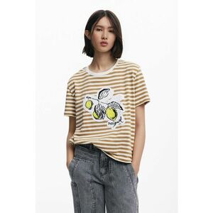 Tricou cu model in dungi si imprimeu grafic - Alb/Galben/Maro camel imagine
