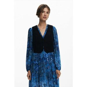 Set de rochie midi cu decolteu in V si model paisley si vesta - 2 piese - Negru/Albastru royal imagine