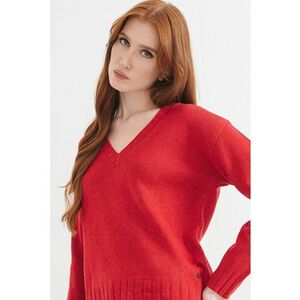 Pulover din amestec de lana cu decolteu in V - Rosu imagine
