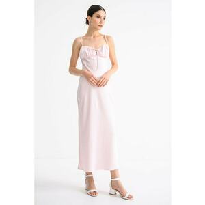 Rochie midi satinara cu bretele elastice - Roz pastel imagine