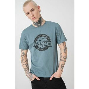 Tricou cu imprimeu logo si decolteu la baza gatului - Negru/Albastru petrol imagine