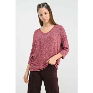 Pulover cu decolteu in V si maneci 3/4 - Alb fildes/Roz zmeuriu imagine