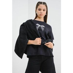 Tricou din bumbac organic cu detaliu funda - Negru/Alb murdar imagine
