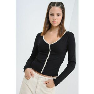 Bluza slim fit cu decolteu in V - Alb fildes/Negru stins imagine