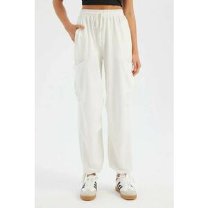Pantaloni dama - jogger tesuti - talie inalta - alb - textil imagine