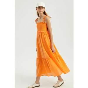 Rochie maxi - decolteu patrat - curea - portocaliu - textil imagine