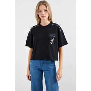 Tricou scurt guler rotund - croiala lejera - buzunar - Bumbac - Negru - imagine