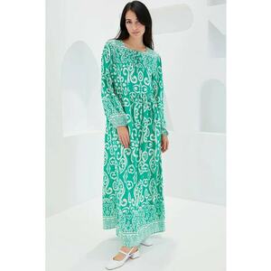 Rochie maxi dama - HiCCUP - inchidere cu snur - viscoza - verde/alb imagine