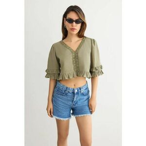 Bluza scurta - decolteu in V - volane - verde - bumbac imagine