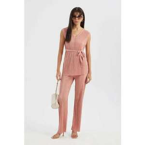 Compleu dama - set 2 piese - bluza fara maneci - pantaloni palazzo - plisati - roz - textil imagine