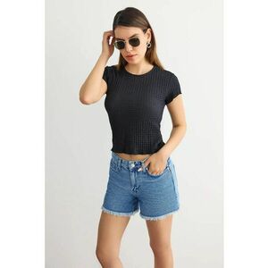 Top dama - scurt - maneca scurta - decolteu rotund - negru - poliester imagine