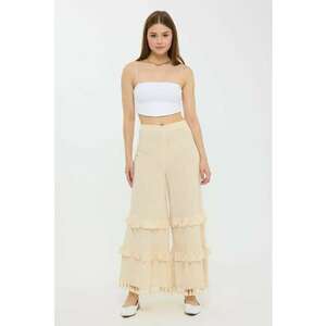 Pantaloni dama - din in - talie inalta - croiala larga - tiv cu ciucuri - natural imagine
