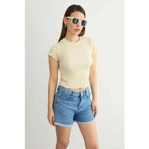 Top dama - scurt - maneca scurta - bej - material texturat imagine