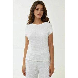 Bluza dama - texturata - guler rotund - maneca scurta - alb - jerseu imagine
