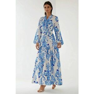 Rochie maxi maneca lunga - imprimeu - albastru - bumbac - poliester - lycra imagine