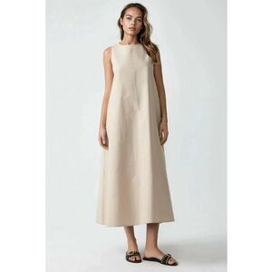 Rochie maxi - forma de A - bej - fara maneci - decolteu rotund - textil imagine