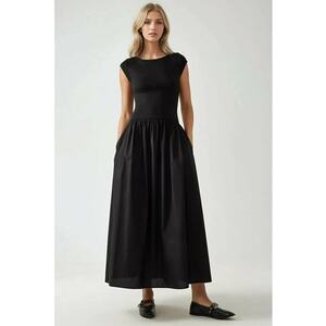 Rochie maxi - decolteu tip barca - croiala in forma de A - neagra - textil imagine