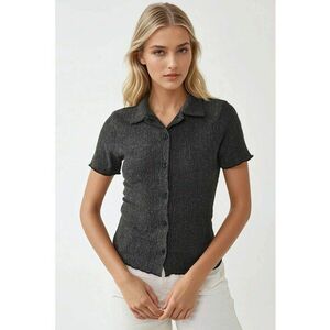Bluza dama texturata - maneca scurta - guler camasa - gri - jerseu imagine