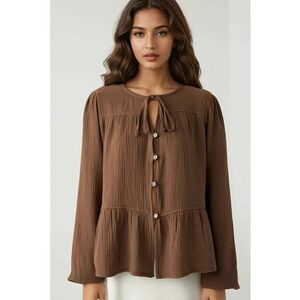 Bluza dama - bluza din muselina - maneca lunga - maro - textil imagine