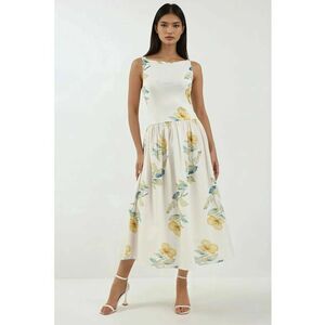 Rochie midi - imprimeu - decolteu barca - alb - textil imagine