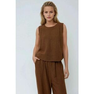 Compleu dama - bluza si pantaloni largi - maro - poliester imagine