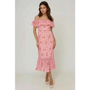 Rochie midi bodycon - floral - umeri goi - roz - tul imagine