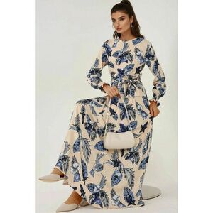 Rochie maxi - guler rotund - maneca lunga - bej - jerseu imagine